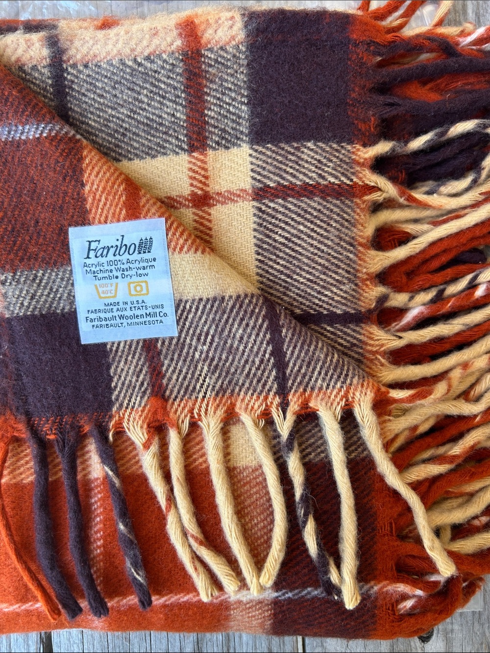 Vintage Faribo Plaid Stadium Throw Blanket Autumn Colors Acrylic Fringed 52x52